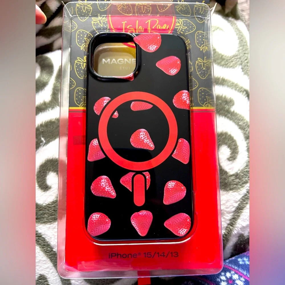 Black Magnetic iPhone Case with Red Strawberry Design